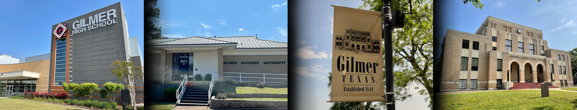 Gilmer High School, Gilmer Housing Authority, City banner on lamp post, Upshur County Court House